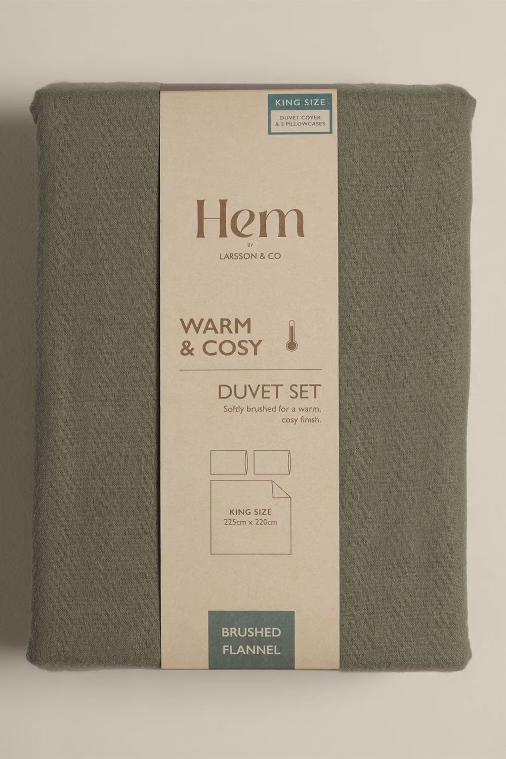 Larsson & Co Rönn Green Flannel Cotton Duvet Cover and Pillowcase Set, W: 180 cm, H: 200 cm – 2