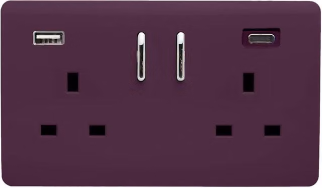 Trendi 2 Gang 13 Amp USB Switched Plug Socket with Type A and C Ports in Plum Purple – 1