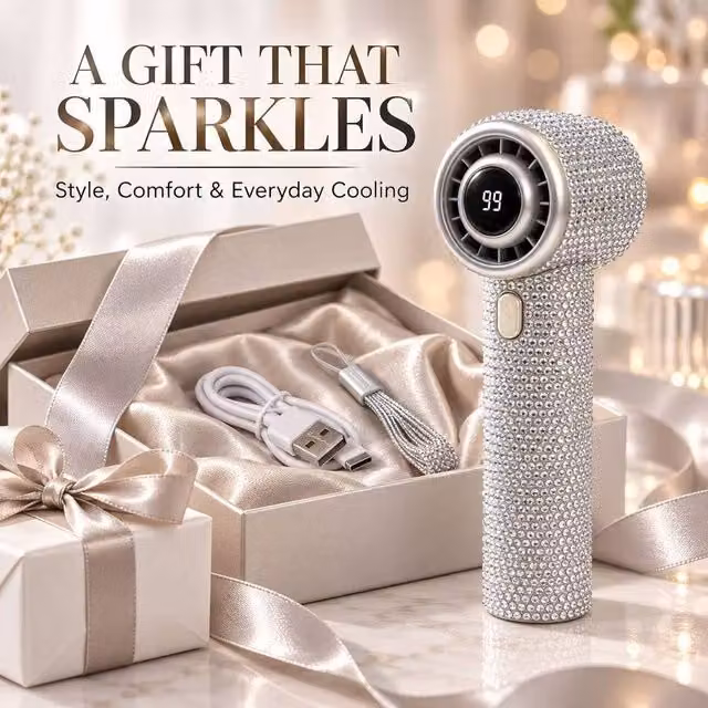 BluCore Silver Sparkling Rhinestone Rechargeable Handheld Mini Fan – 1