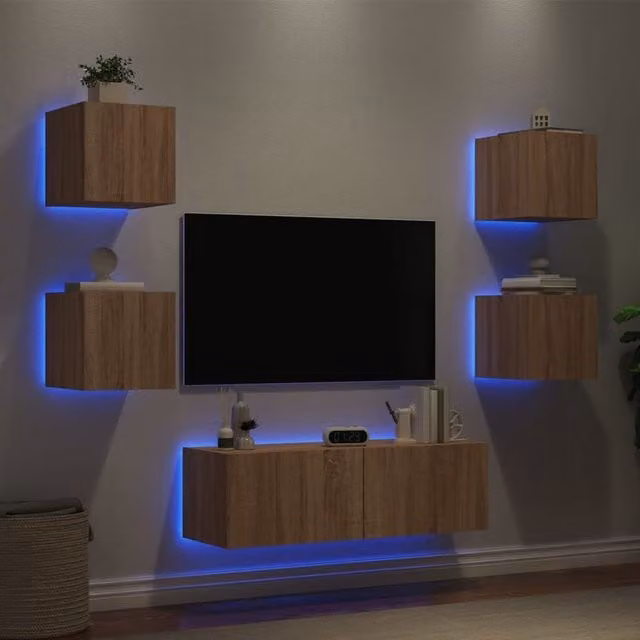 Berkfield Home 5 Piece Modern Wall Mounted TV Cabinet Set with Integrated LED Lighting in Brown Sonoma Oak – 1