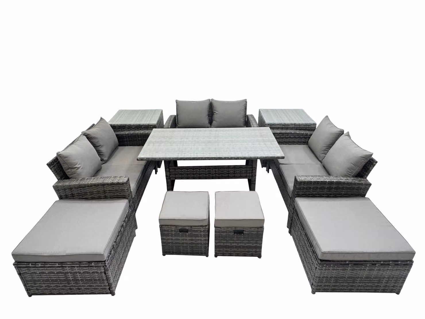Fimous 10 Seater Outdoor Dining Set with Table, Double Seat Sofa, 2 Side Tables and 4 Stools in Dark Grey – 2
