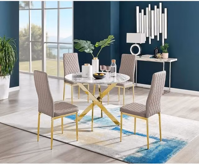 FurnitureboxUK Novara White Marble Dining Table with 4 Milan Gold Leg Chairs in Cappuccino