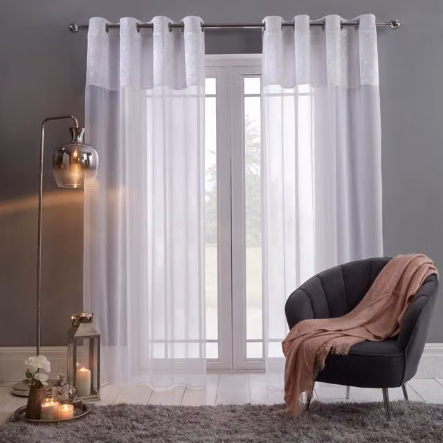 Sienna Pair of White Crushed Velvet Voile Net Eyelet Curtains