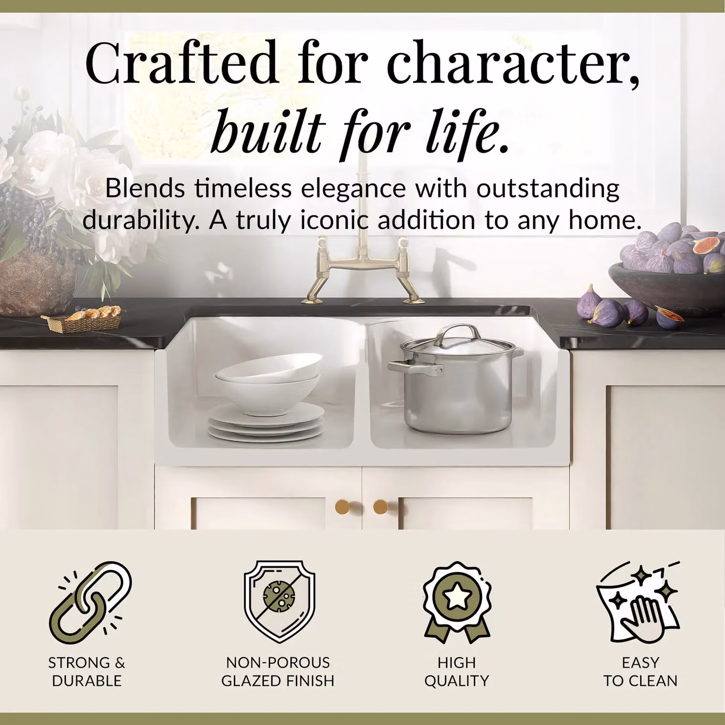 Balterley White Ceramic Fireclay 2 Bowl Stepped Weir Butler Sink with Wastes and Bridge Tap, W: 79.5 cm – 2