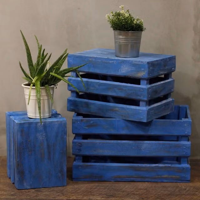 KDMK Set of 3 Handcrafted Rectangular Rustic Wood Fruit Display Baskets in Blue