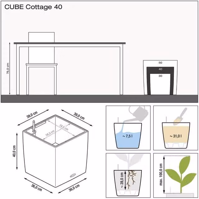 LECHUZA Cube Cottage Square Self-Watering Planter, Brown, W/D/H: 40.0 x 39.0 x 39.0 cm
