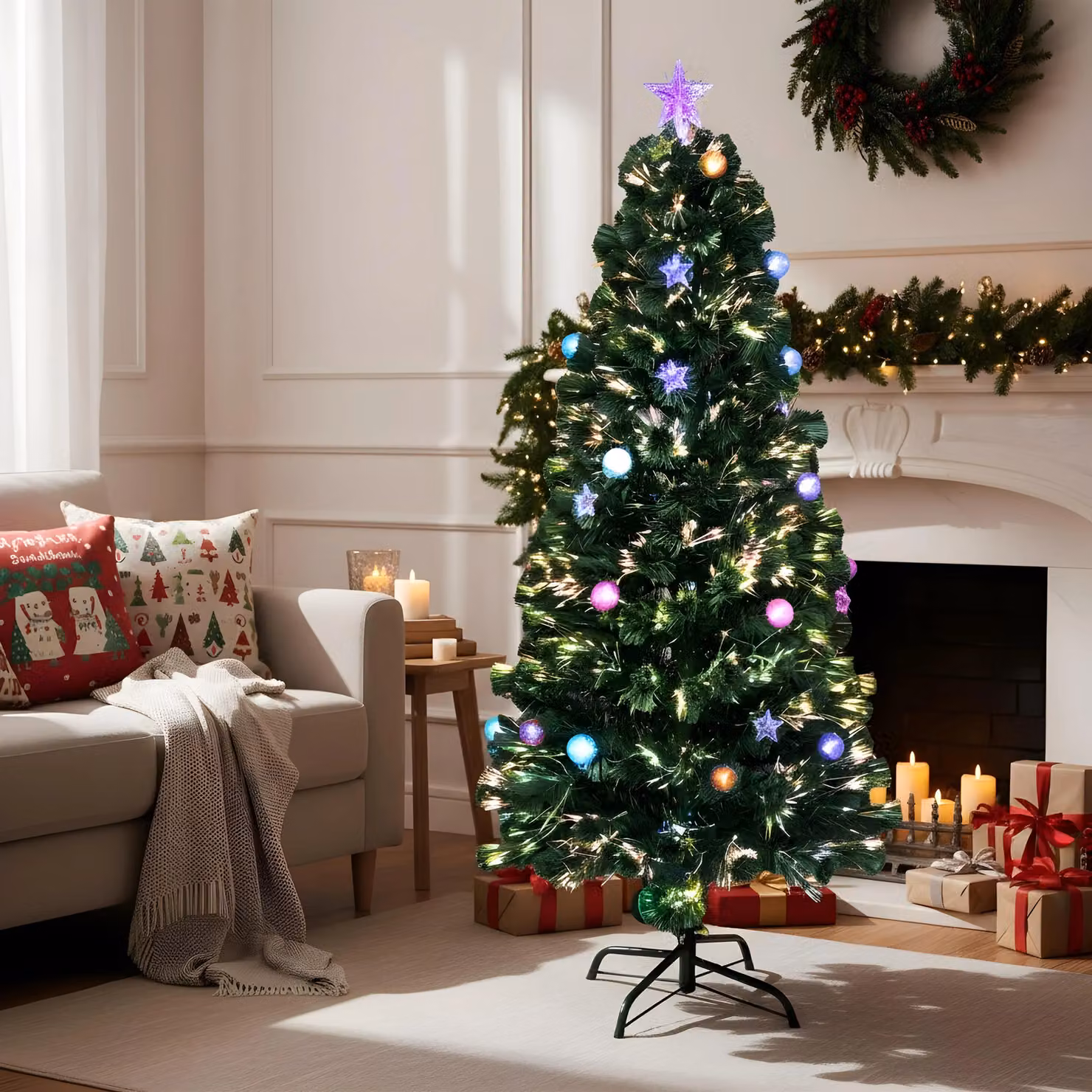 Shatchi Green 120cm LED Pre-Lit Fibre Optic Christmas Tree with Baubles and Stars – 4