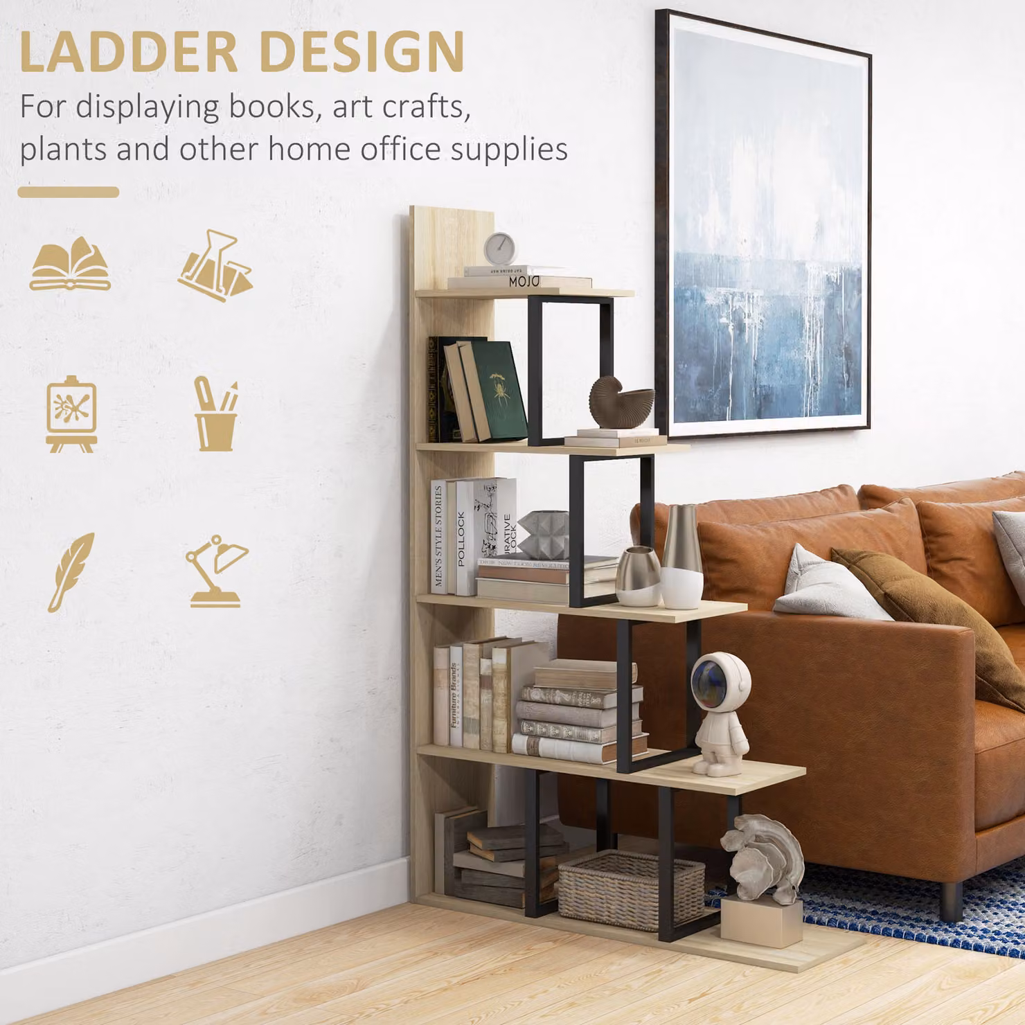 HOMCOM 5-Tier Wooden Ladder Bookshelf Display Stand in Oak Brown – 3