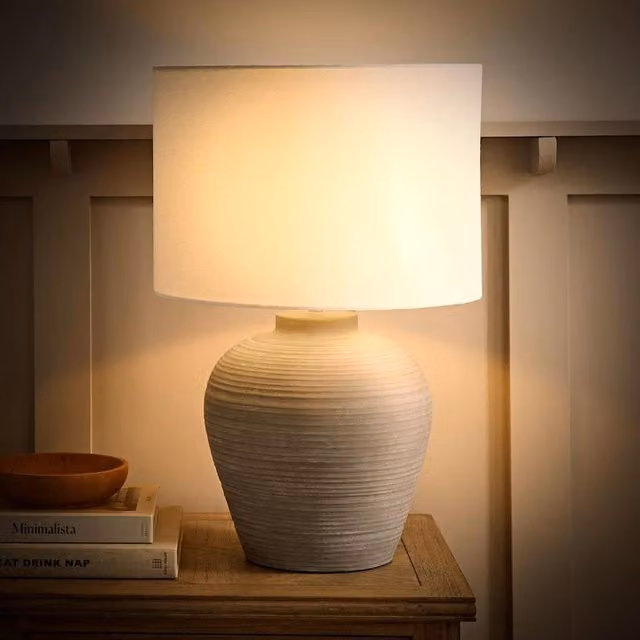 Reid Large Ribbed Ceramic Table Lamp with Linen Drum Shade and LED Bulb in Grey