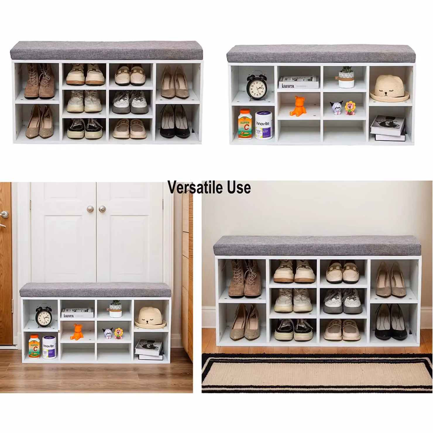 Gr8 Home Wooden Shoe Storage Bench with Padded Fabric Seat in Grey and White, W/D/H: 105.0 x 30.0 x 48.0 cm – 4