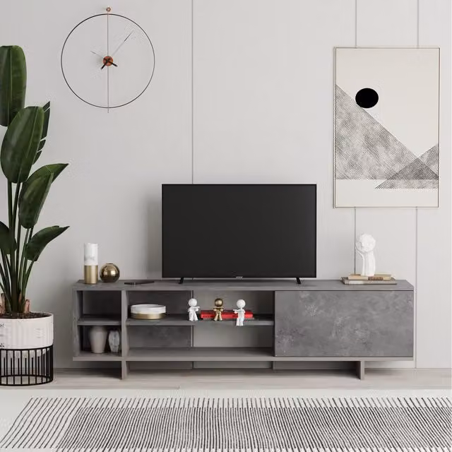 Decortie Stockton Retro Grey Low Media TV Stand with Open Shelves