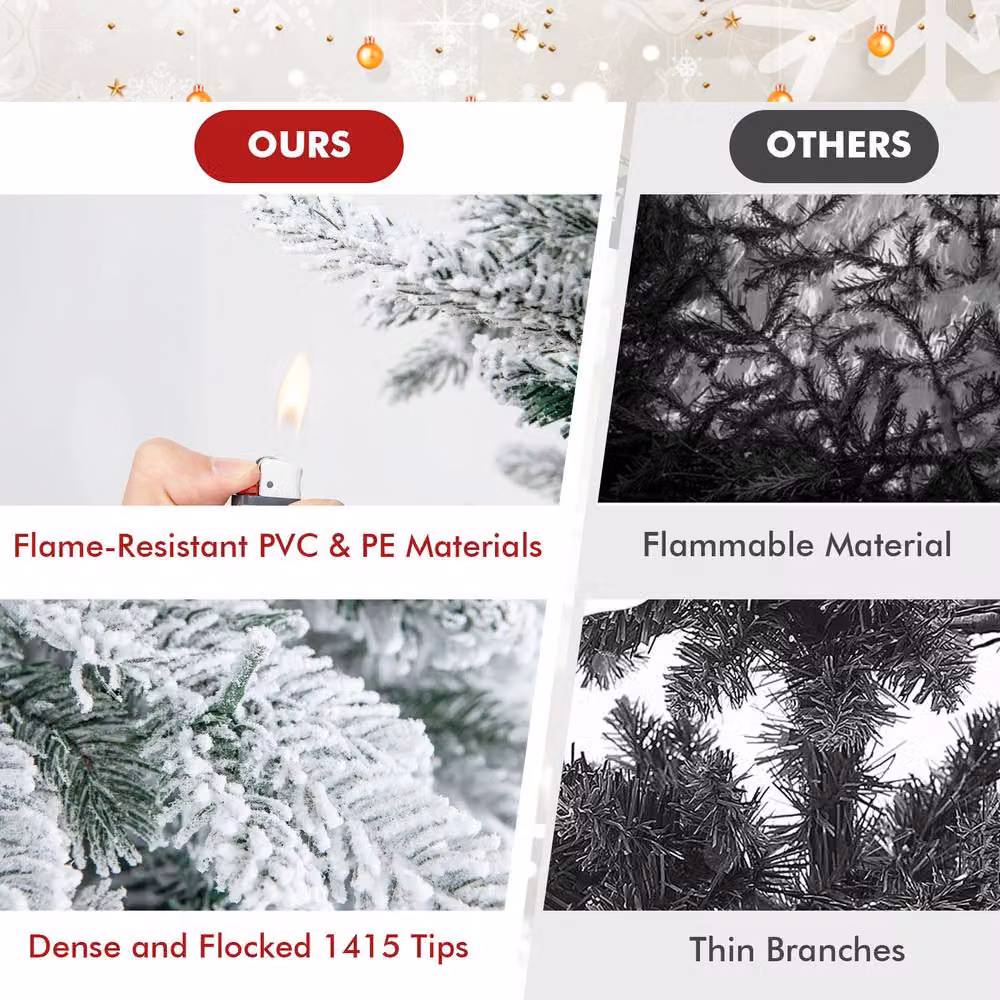 Gymax 6 FT Pre-Lit Flocked Christmas Tree in Green with 1415 Branch Tips and 260 Lights – 7