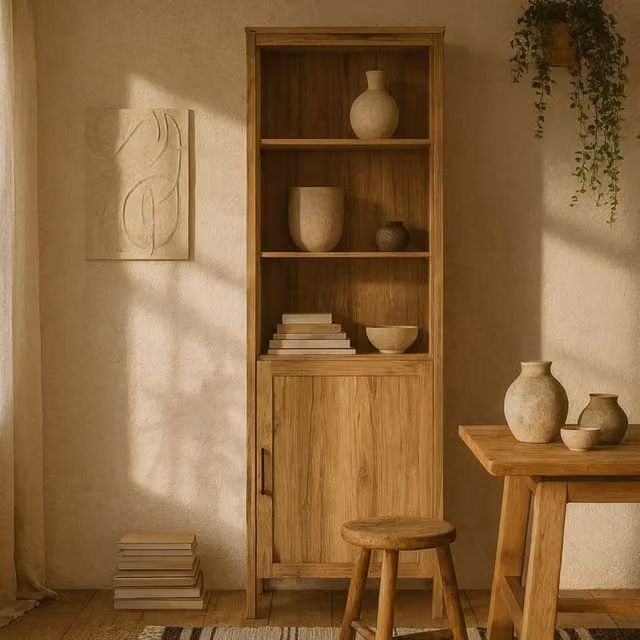 Wyld Haus Mossbloom Waterford Oak Shelf Unit with 2 Shelves and 1 Door in Natural Brown and Beige