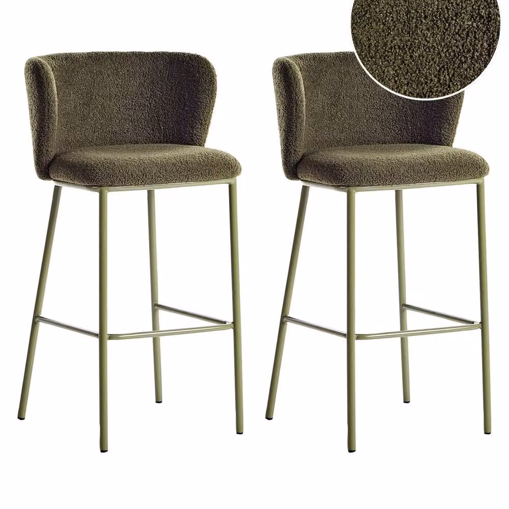 Wyld Haus Set of 2 Dark Green Boucle Bar Chairs with Black Powder Coated Metal Legs – 2