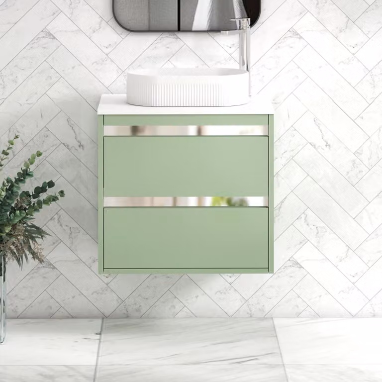 Royal Bathrooms Orion 600mm Wall Hung Mint Sage and White Vanity Unit with 2 Drawers and Lyon Basin
