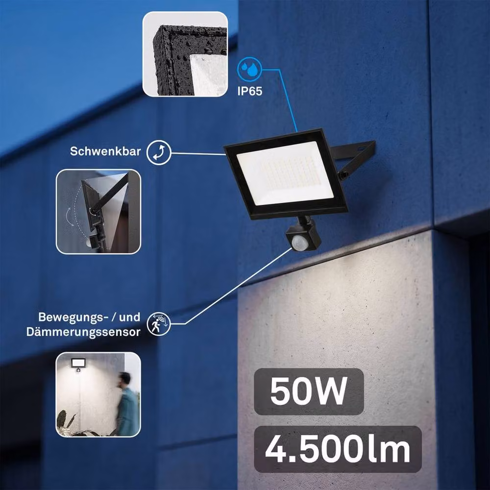 Briloner Black LED Outdoor Floodlight with Motion and Dusk Sensor, 50W, 4500lm, IP65, W/D/H: 21 x 17.5 x 4 cm – 2