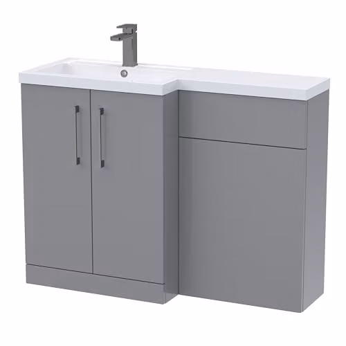 Balterley Grey L-Shaped Vanity Unit with WC Unit and Brushed Pewter D Shape Handles, Floor Standing Left Hand Bathroom Storage Set – 1