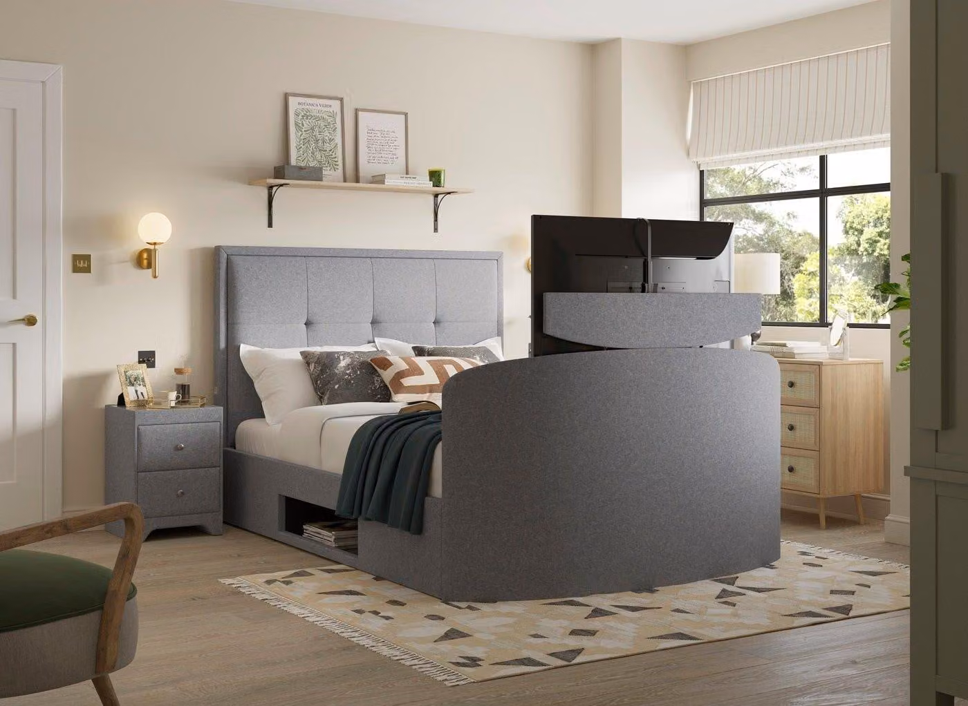 Dreams Hopkins Modern Upholstered Fabric TV Bed in Grey with Lift Up Base, USB Charging Ports and Bedside Shelves