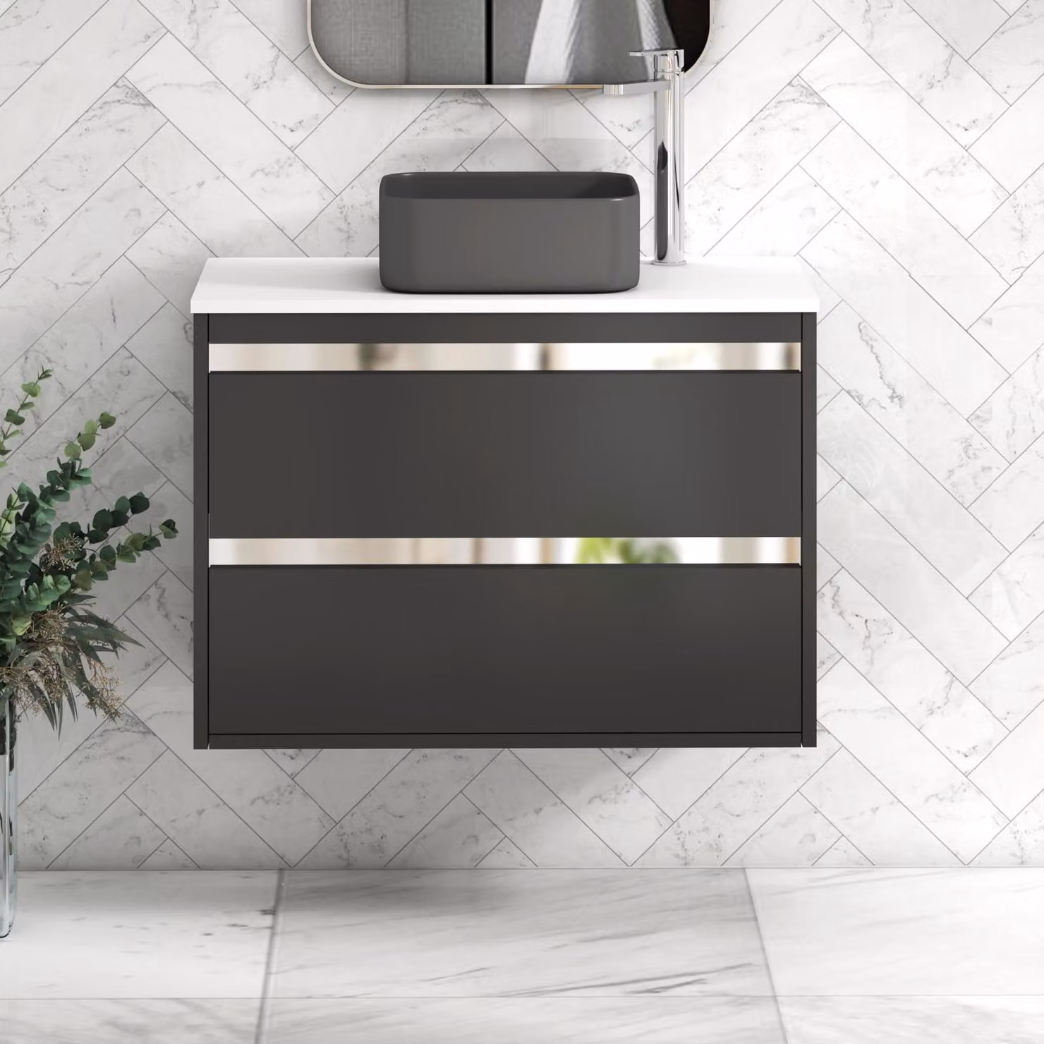 Royal Bathrooms Orion 800mm Wall Hung Vanity Unit with Art Square Basin in Matt Obsidian Black and White with 2 Drawers and Chrome Accent Trim