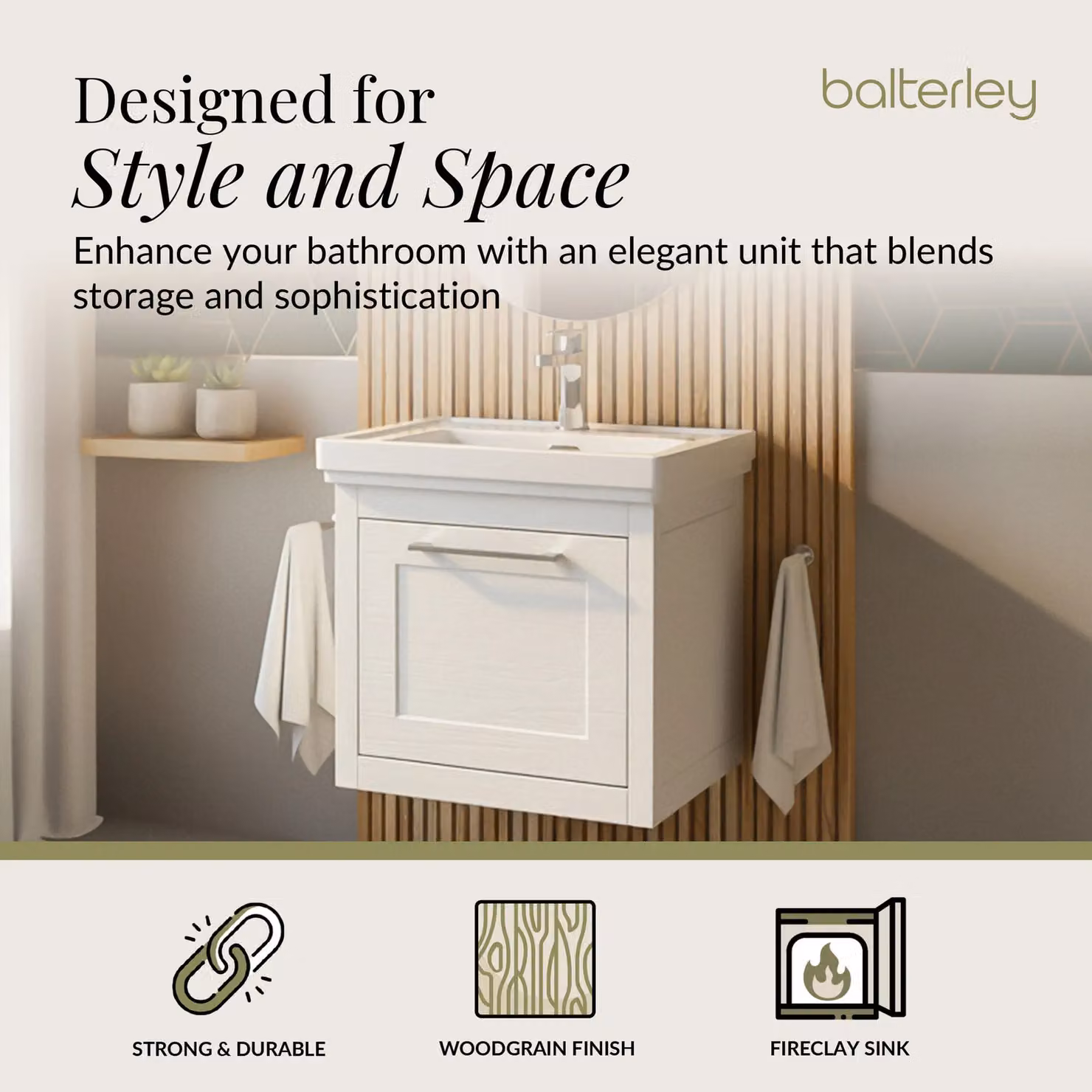 Balterley Wall Hung 1 Drawer Vanity Unit and 1TH Fireclay Basin, White, Width: 50 cm – 2