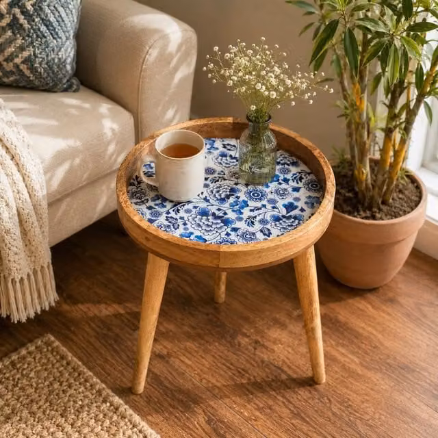 Hartsmede Mango Wood Round Side Table with Floral Enamel Resin Top in Beige, W/D/H: 36 x 36 x 47 cm