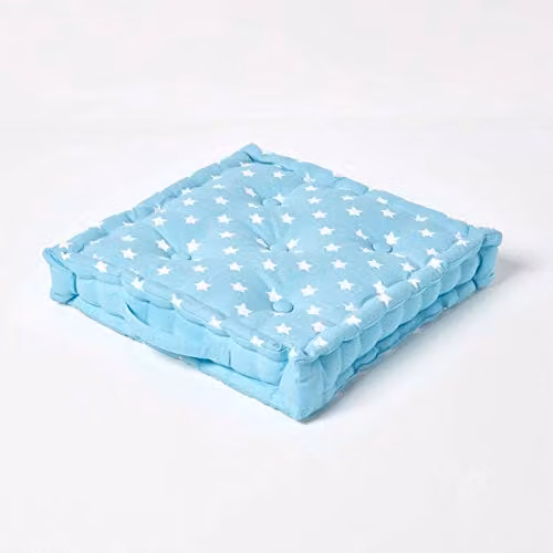 Homescapes Blue and White Quilted Cotton Square Floor Cushion with Carry Handle, W/D/H: 50 x 50 x 10 cm