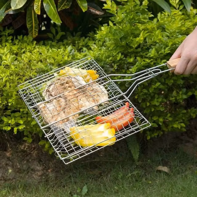 EONLION Silver Steel BBQ Mesh Long Handle Grill Basket, W: 40.5 cm, D: 33 cm – 1