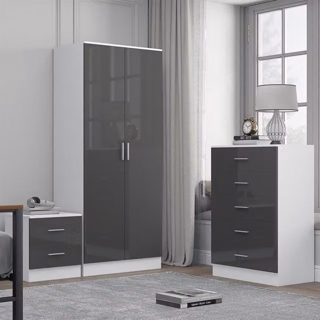 REFLECT Bedroom Furniture Bundle including 2-Door Plain Wardrobe, Chest of Drawers and Bedside Table in Grey Gloss and Matt White