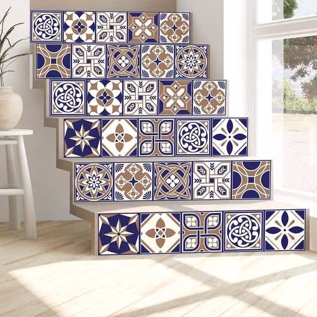 Walplus Adhesive Mediterranean Geometric Square Wall Tile Stickers in Blue, Brown and White, W/H: 15 x 15 cm, 24 Pack