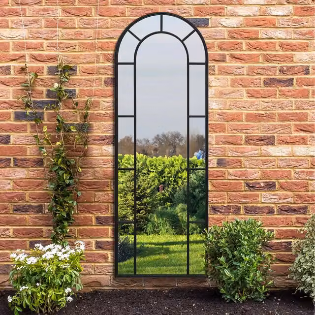 MirrorOutlet Arcus Window Framed Arch Leaner Garden Wall Mirror, Black, Height: 170 cm