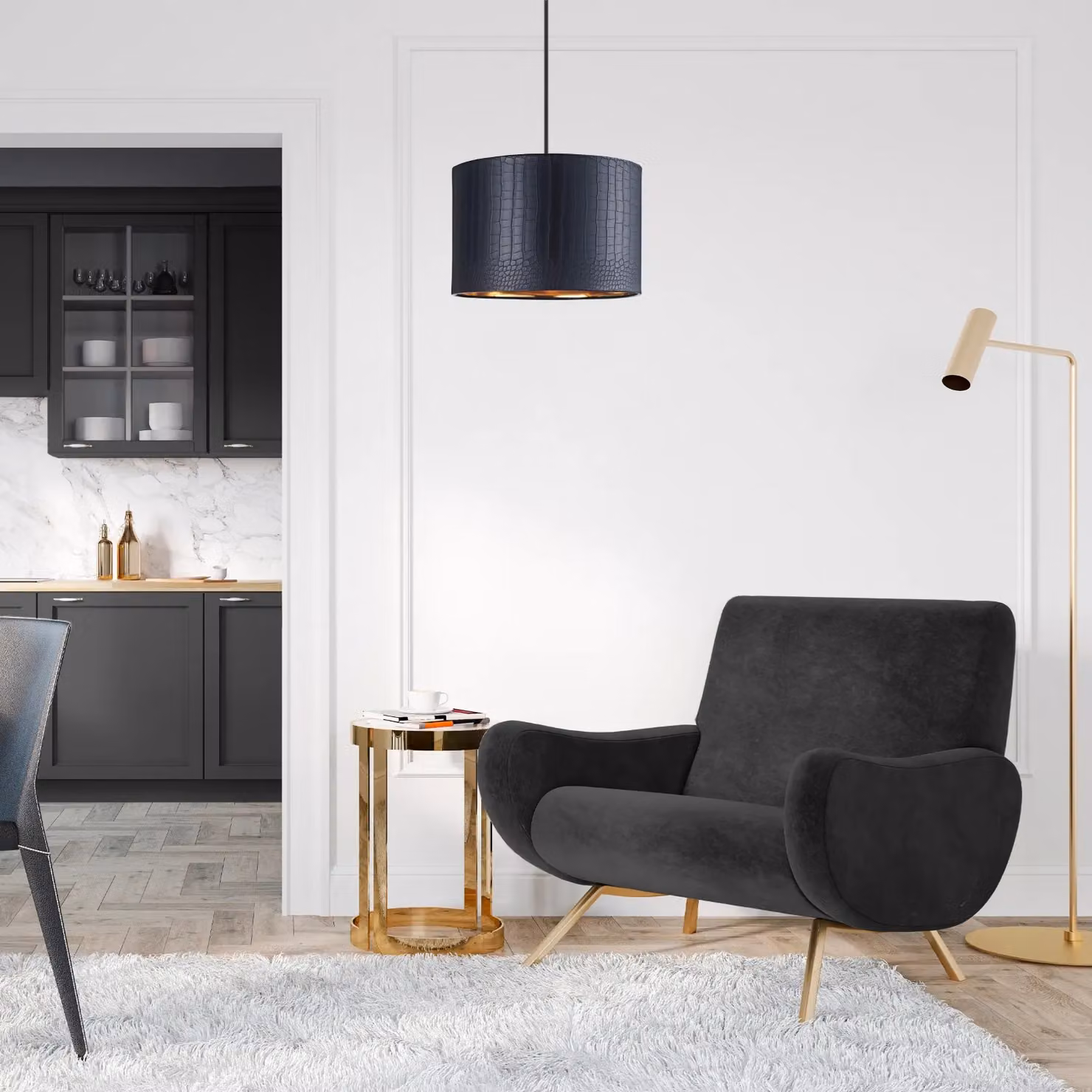 Happy Homewares Modern Round Faux Leather Lamp Shade with Shiny Inner in Black, Diameter: 30 cm – 6