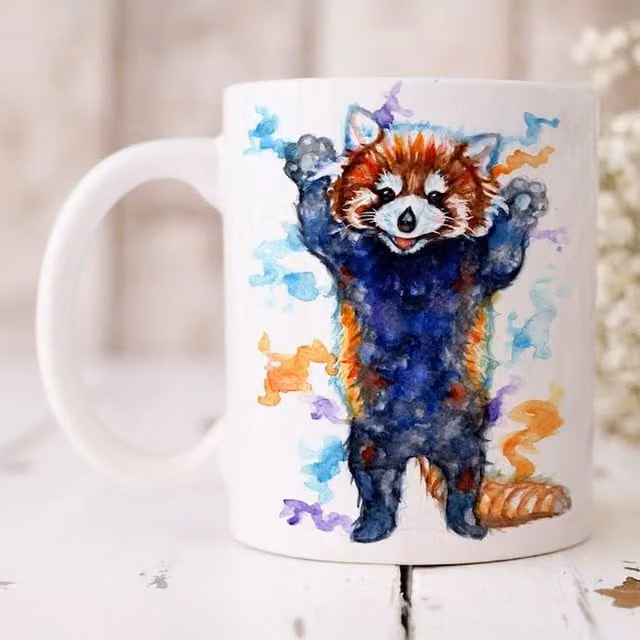 BebesArts Red Panda Watercolour Art Mug in Blue and White