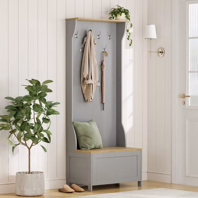 VonHaus Rustic Hall Tree with Shoe Storage Bench and Coat Rack in Grey