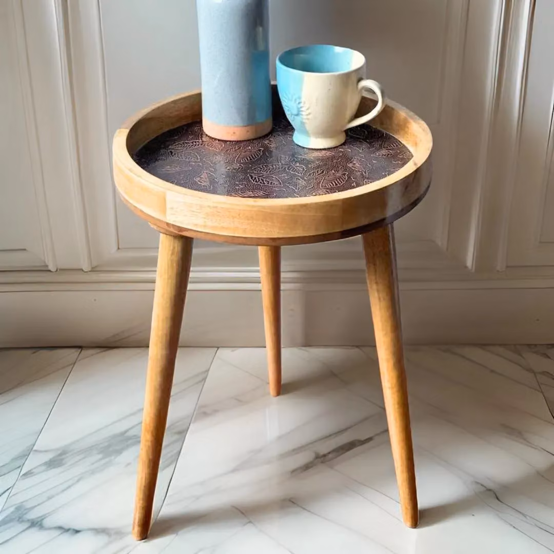 Hartsmede Handmade Mango Wood Round Side Table with Bronze Metal Embossed Floral Details, Brown, W/D/H: 37 x 37 x 47 cm – 2