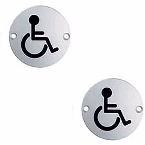 Loops 2 Pack Polished Stainless Steel Bathroom Disabled Symbol Signs, 76mm Diameter, 64mm Fixing Centres, Silver