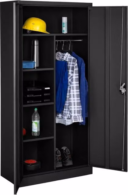 tectake Modern Metal Filing Cabinet in Matt Black with Hinged Doors and Lock, H 180 x W 80 x D 40 cm