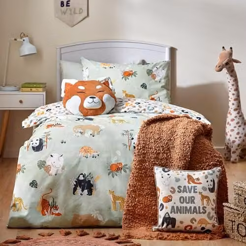 Little Furn Reversible Safari Animals Cotton Duvet Cover Set for Children, Multicolour and Green, W/D/H: 120 x 150 cm