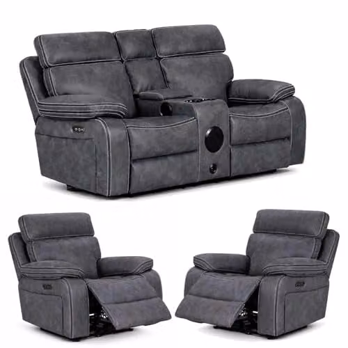 Furnishings For Less UK Tokyo 3 Piece Grey Synthetic Leather and Fabric Electric Recliner Sofa Suite with USB Charging and Cup Holders