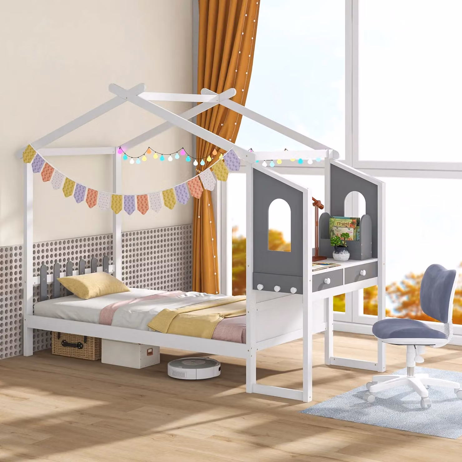 Gymax Single House Bed Frame with Roof Canopy, Desk and 2 Drawers, White, 90 x 200 cm – 2