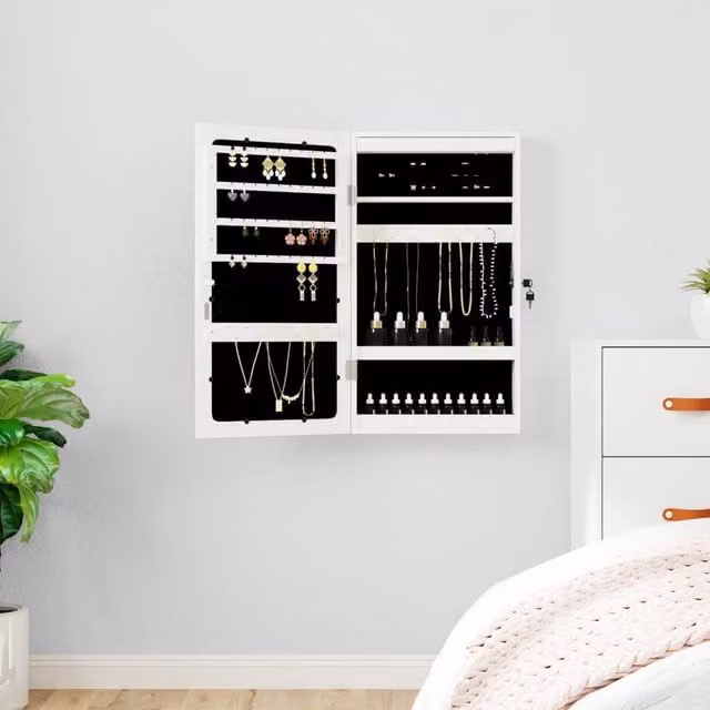 Berkfield Home Mirror Jewellery Cabinet with LED Lights, Wall Mounted, White – 1