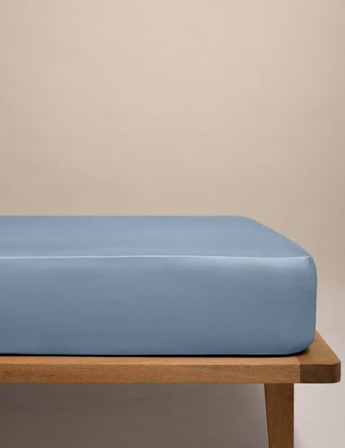M&S Egyptian Cotton 400 Thread Count Mako Satin Deep Fitted Sheet, Dusty Blue, W: 180 cm x D: 200 cm