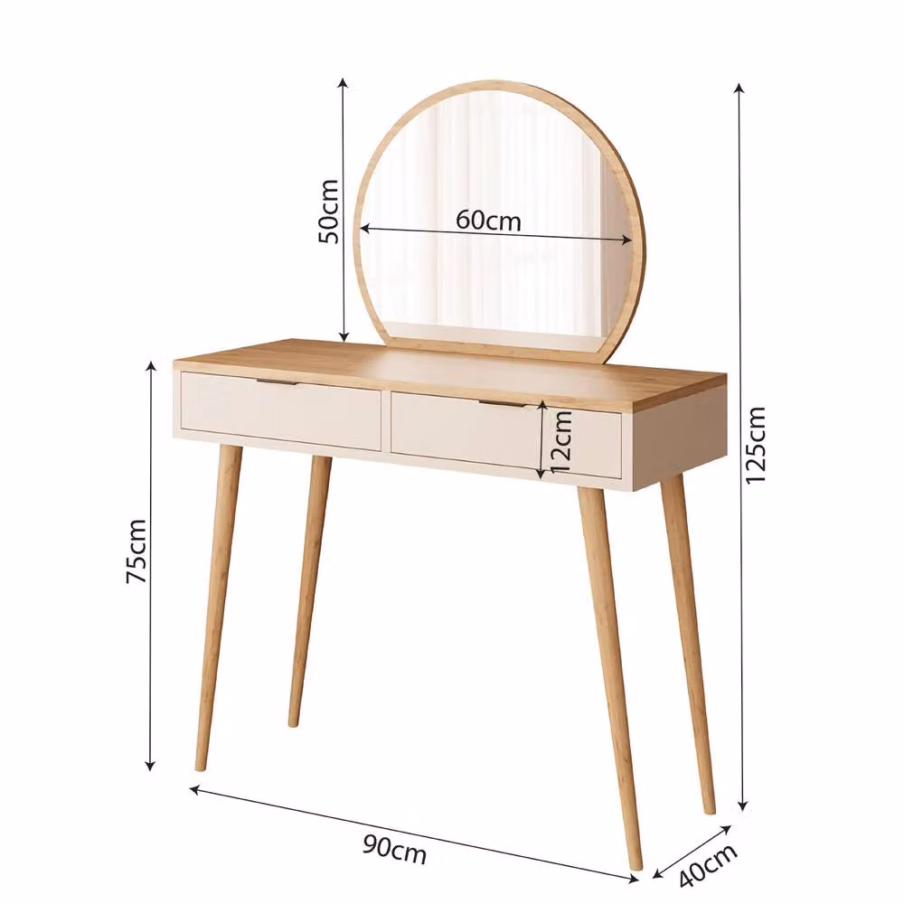 BIMOSSA Lucy Women's Vanity Dressing Table with Round Mirror and 2 Drawers in Light Oak, W/D/H: 125 x 40 x 90 cm – 2