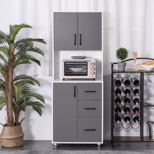 HOMCOM Modern Kitchen Storage Cupboard with Open Countertop in Grey and White