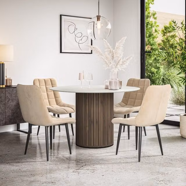 Arlo Modern Round Dining Table Set with 4 Velvet Chairs in Beige