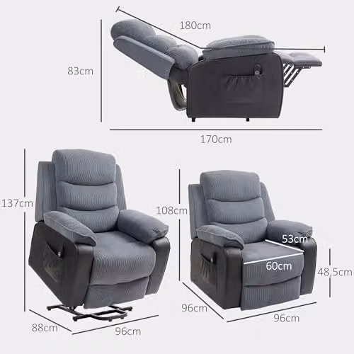 HOMCOM Power Lift Riser Recliner Chair in Grey Corduroy Fabric – 3