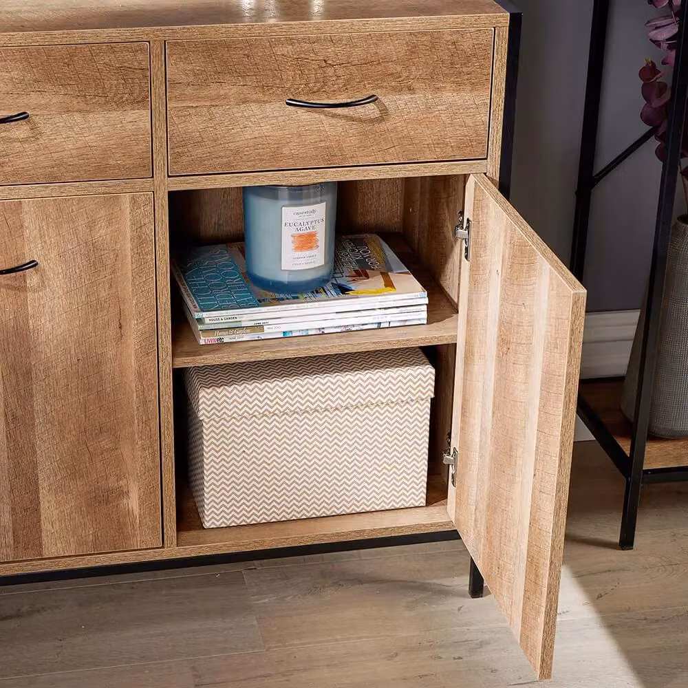 Home Source Compact Sideboard Chest with Drawers in Natural Oak Finish and Black Metal Accents – 2