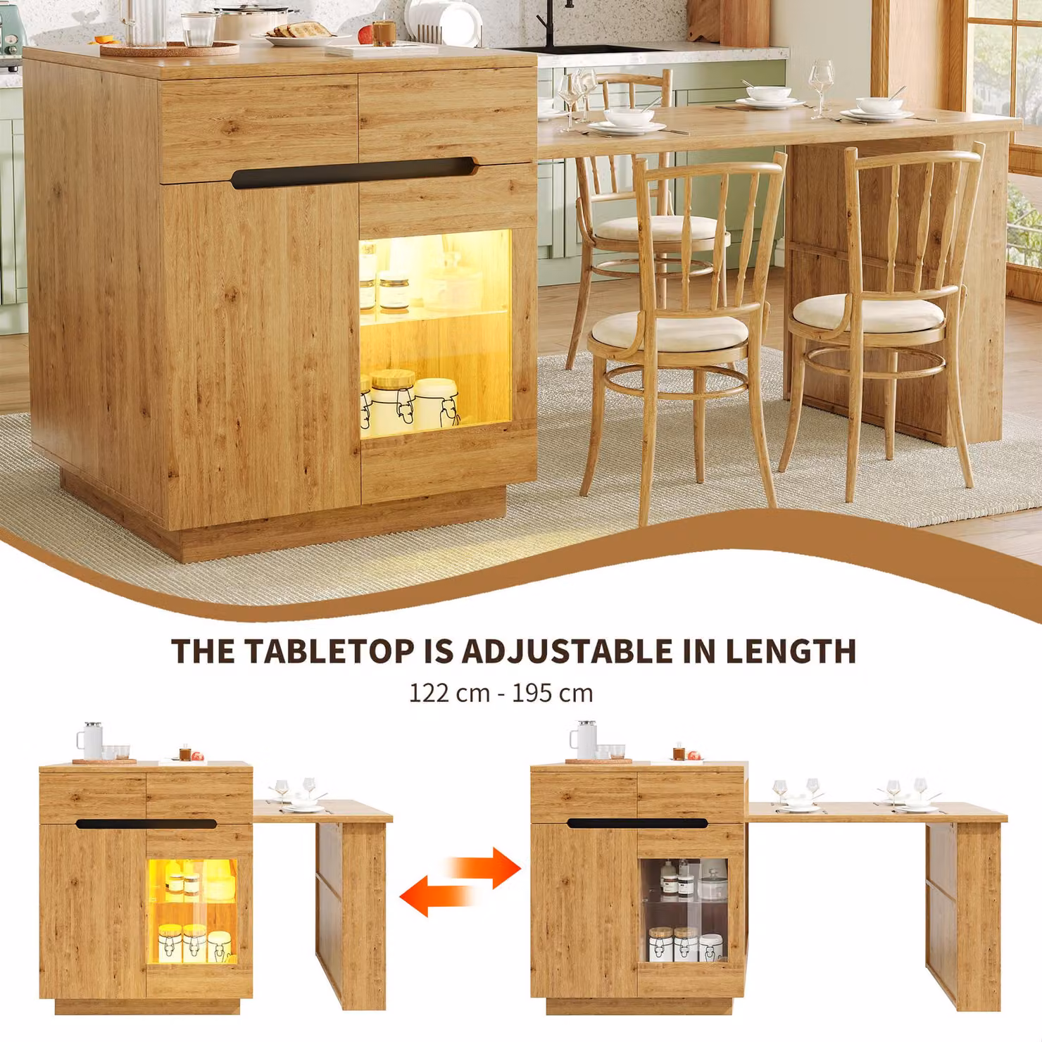 Aosom UK Versatile Wood Kitchen Island with Extendable Table and 2 Drawers in Brown, W: 122-195 cm, D: 70 cm, H: 93.5 cm – 4