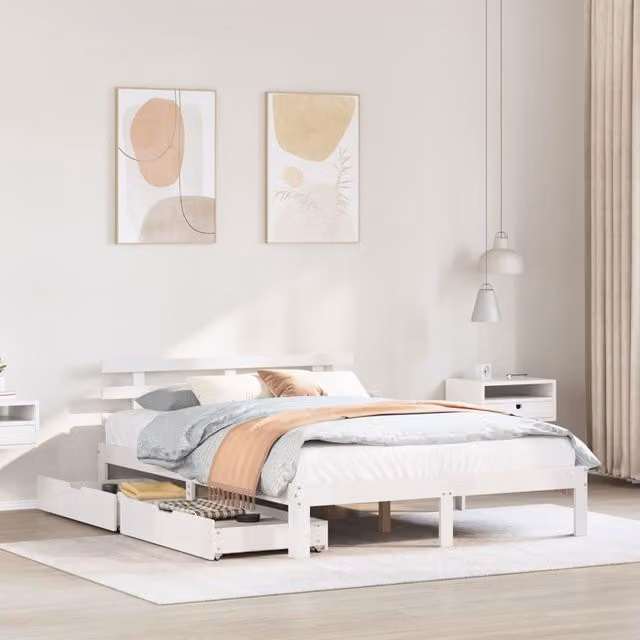 Berkfield Home Double Bed Frame with Drawers in White Solid Pine Wood, W: 135 cm, L: 190 cm