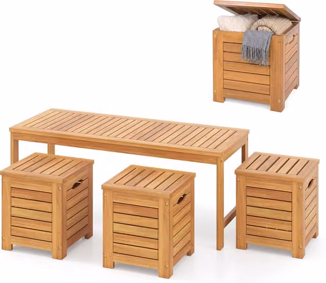 Costway 4 Piece Modern Brown Acacia Wood Outdoor Bench and Storage Box Set