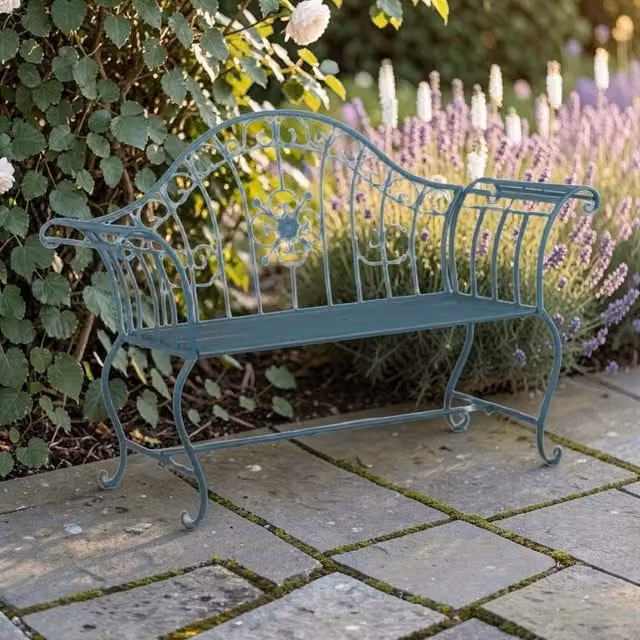 Minster Vintage Garden Bench in Duck Egg Blue and Gold with Antique Finish, W: 100 cm, D: 57 cm, H: 144 cm